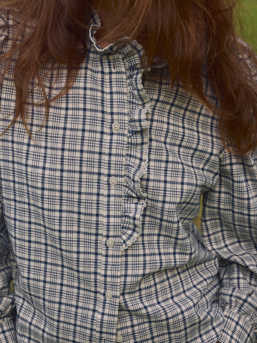 H&M Black and White Plaid Ruffle-Trim Button-Down Blouse